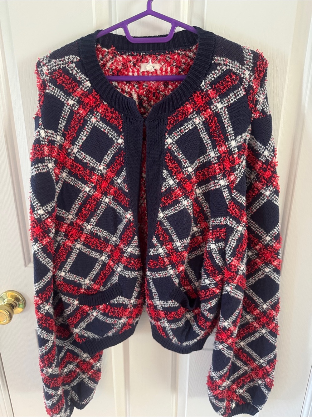 aerie Plaid Open-Front Cardigan - Navy, Red & White Size XL